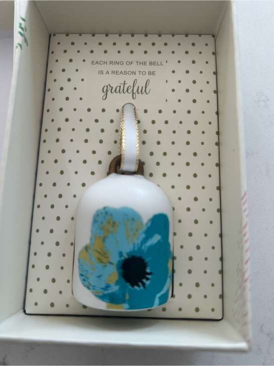 Schurman Other - White Ceramic Bell Ornament with Teal Floral Accent and Gold Ribbon